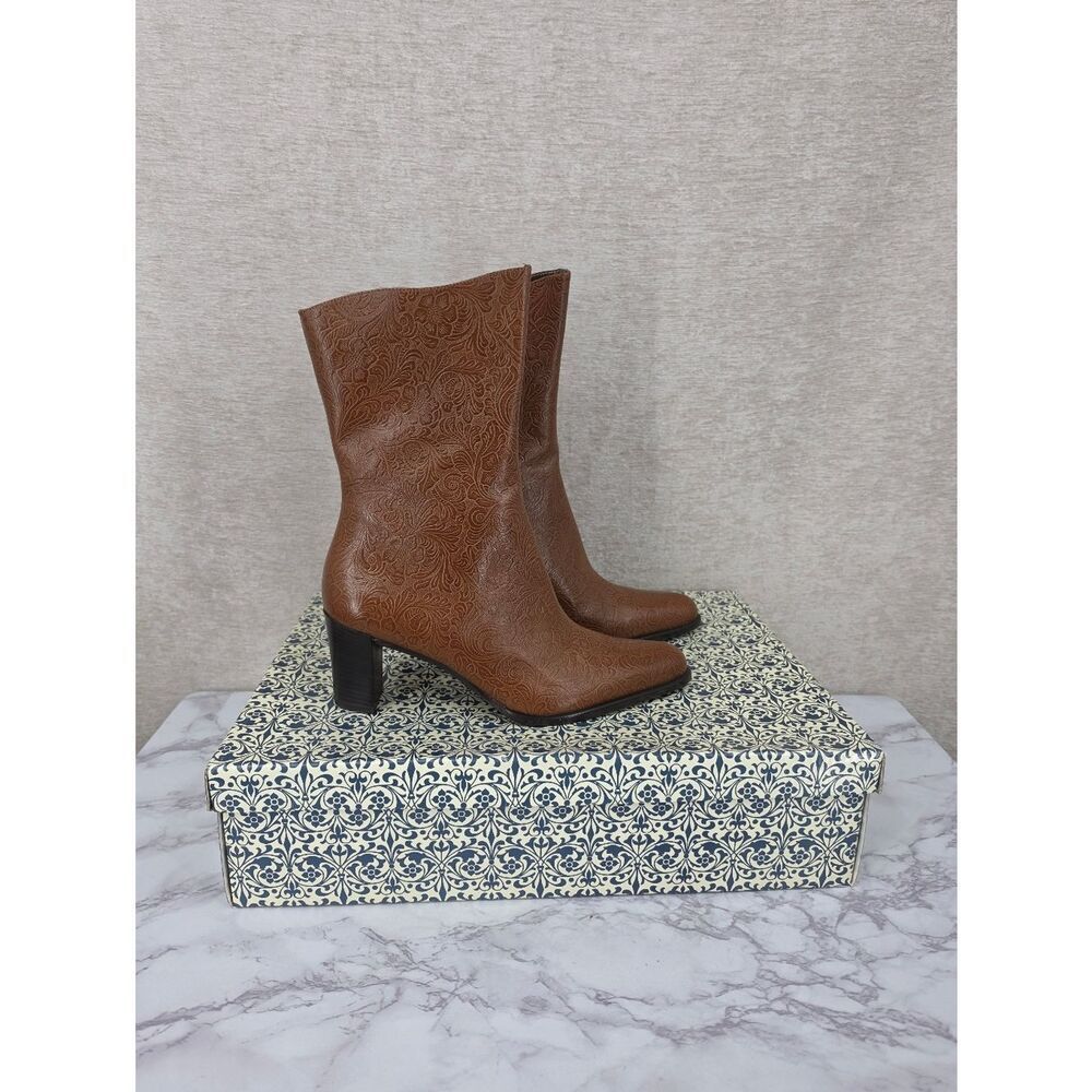 A. Marinelli Brown Archer Floral Tooled Leather Heeled Boots Mid-Calf NEW